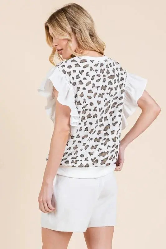 Lime 'N' Chili Ribbed Leopard Print Ruffle Detail Sleeveless Top - Love Salve